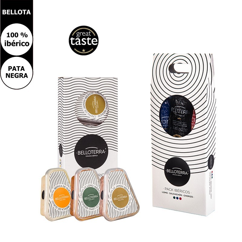 Saucisses de gland et crèmes de jambon, de longe et de fromage ibériques